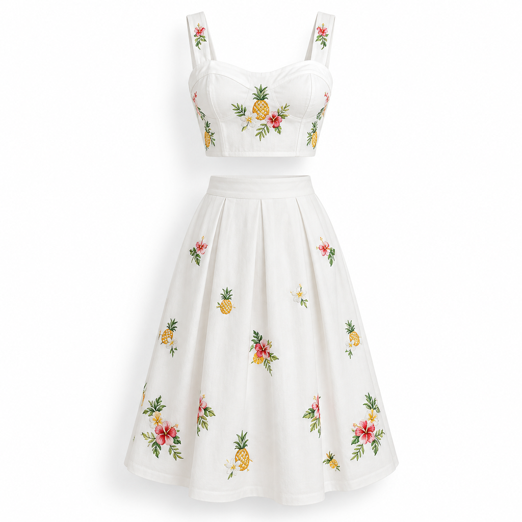 Conjunto LORAGAL de dos piezas con piñas bordadas – Blanco – M